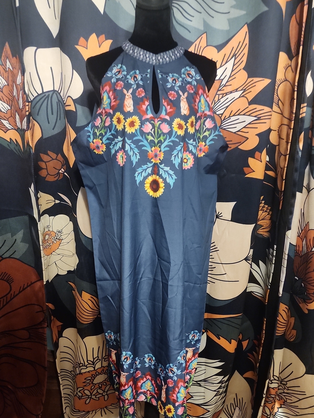 Blue Floral Halter Midi Dress - Women's Embroidered Summer Dress